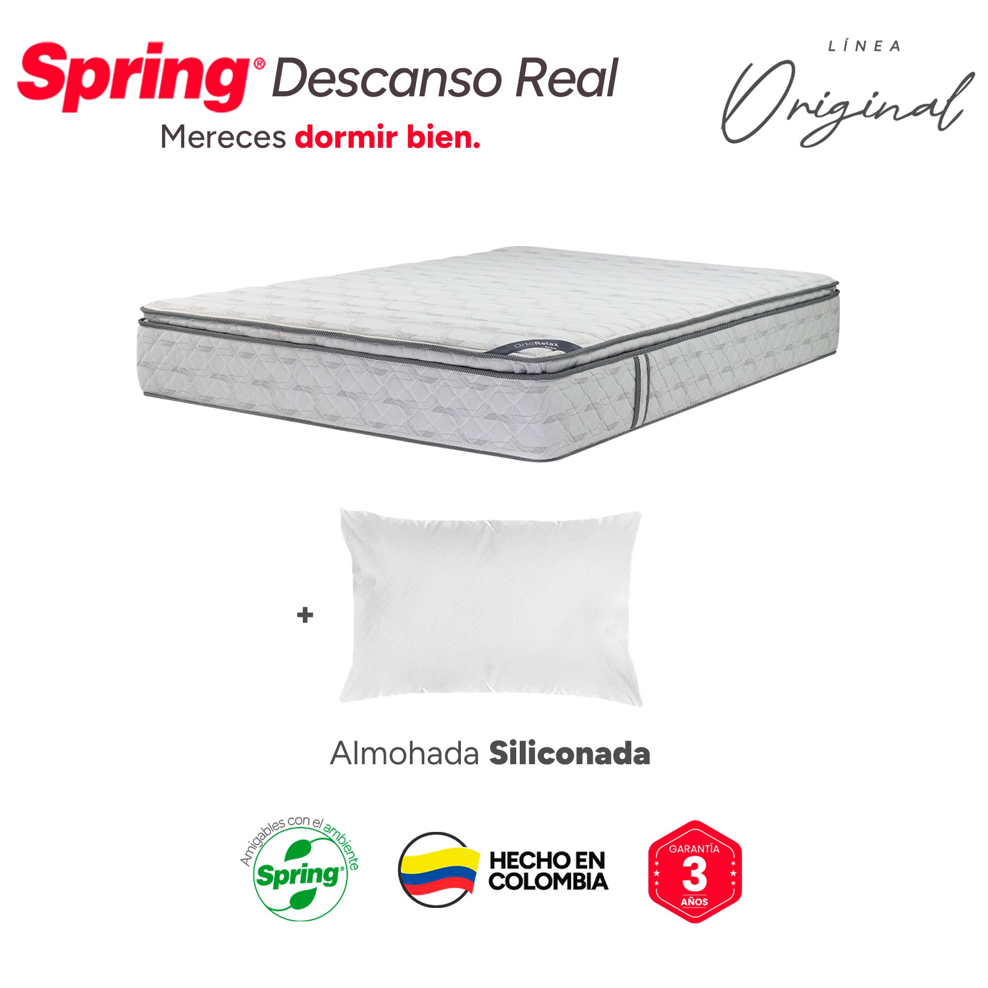 Colchón Spring Descanso Real Semidoble 120X190 Cm + Set Almohada Siliconada