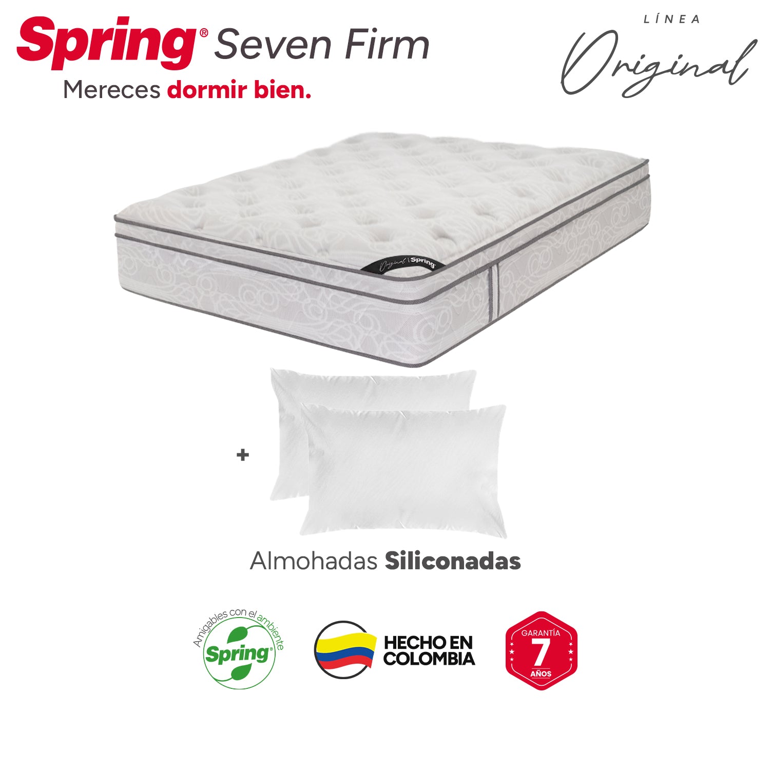 Combo Colchón Spring  Seven Firm Queen 160X190 Cm +  Set Almohada Siliconada