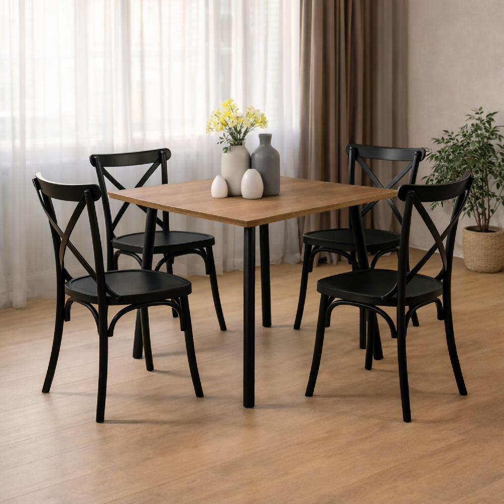 Comedor Cuadrado 74.5x80x80cm Amaretto + 4 Sillas Ibiza Negras