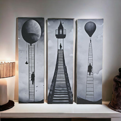 Lienzos Tríptico Arte Escaleras Monocromáticas Hacia El Éxito 60X18CM