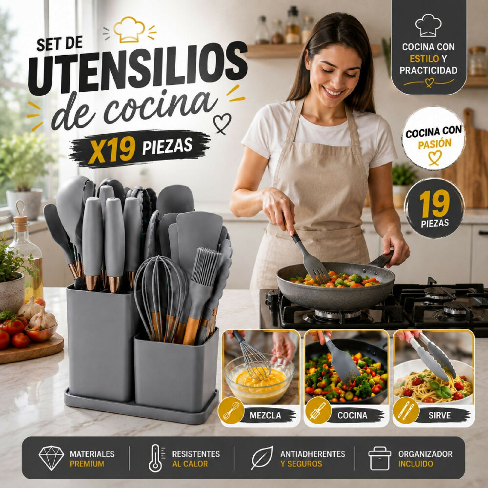 Set De Utensilios Y Cuchillos De 19 Piezas Silicona Antiadherente Y Acero Inoxidable Gris