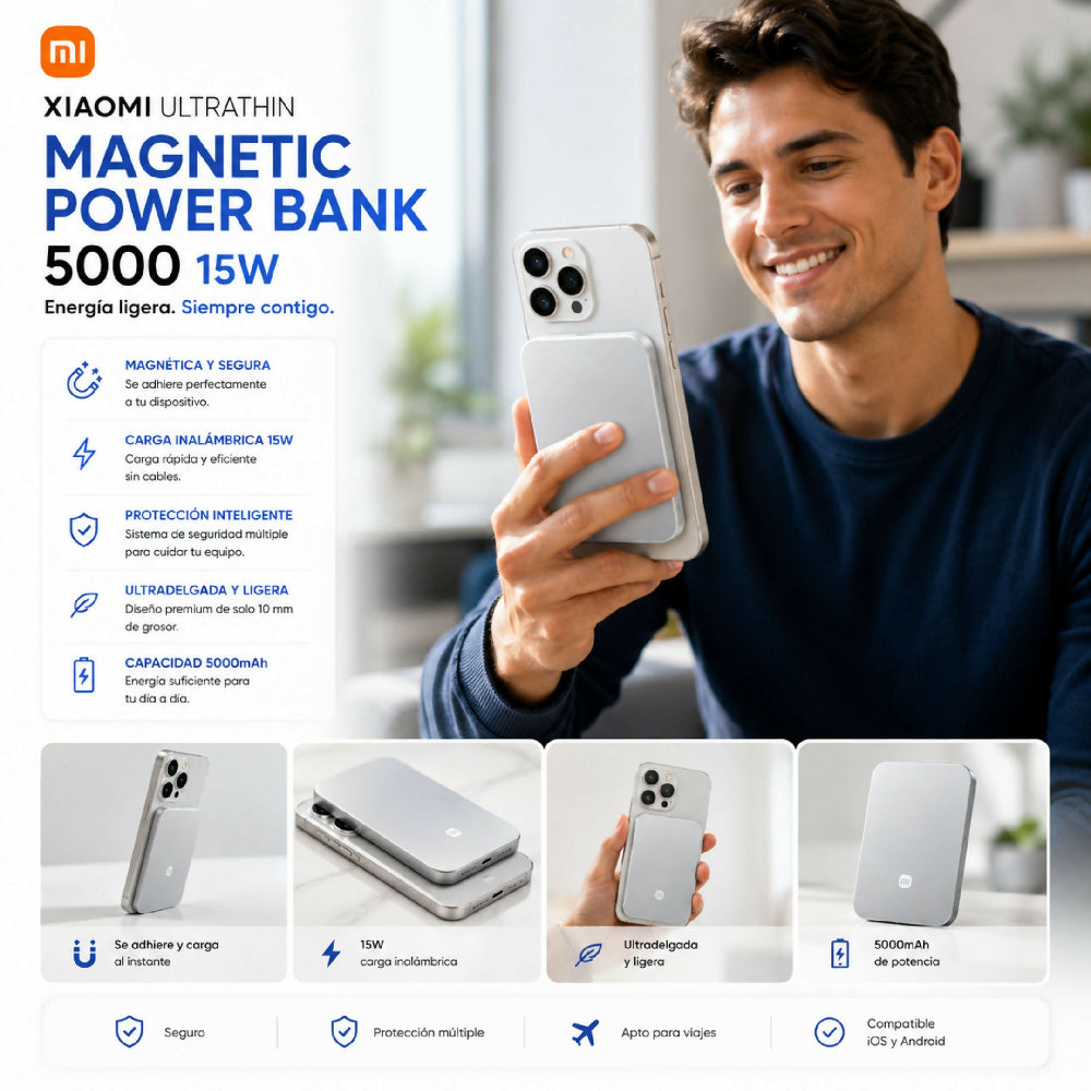Power Bank Magnética Xiaomi Batería 5000/15W Portátil Carga Inalámbrica