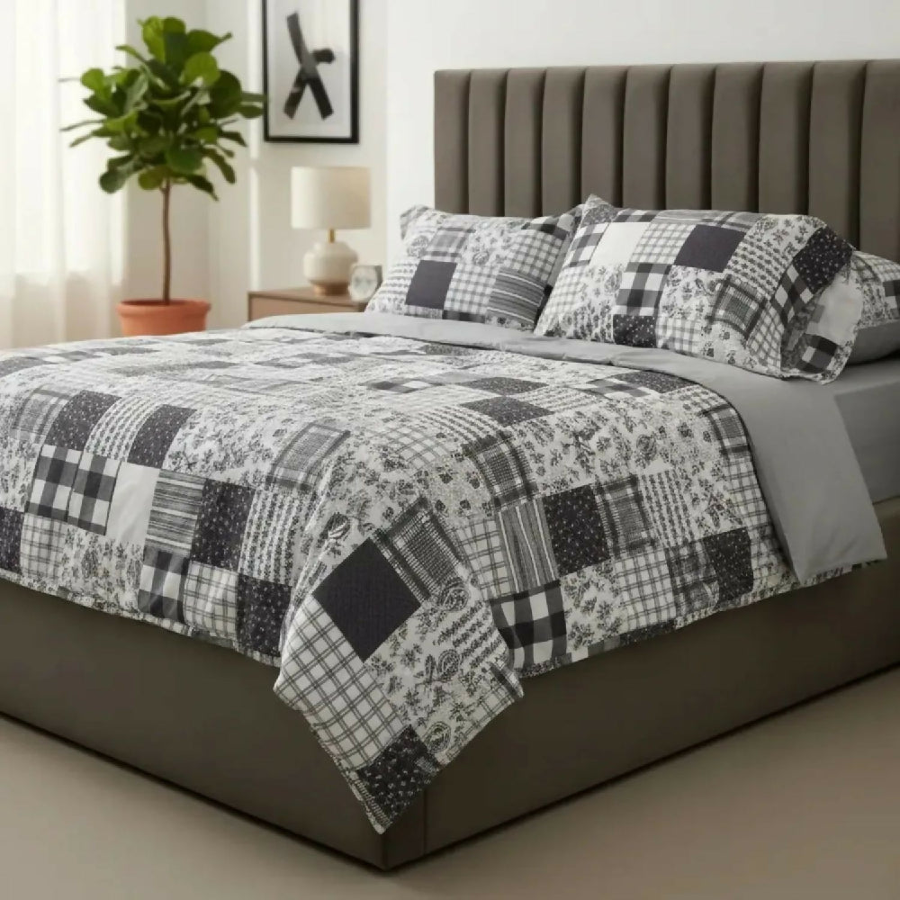Juego de Sábanas Cama King 300 Hilos 100% Algodón Patchwork Gris Suave