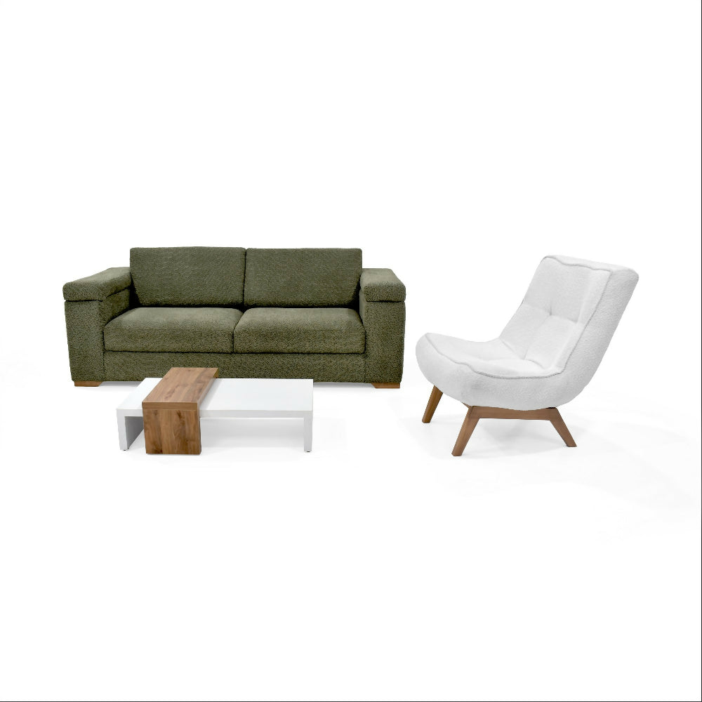 Sala con Sofá 3 Puestos Montenegro Verde y Poltrona Samoa Blanco + Mesa Centro Montreal
