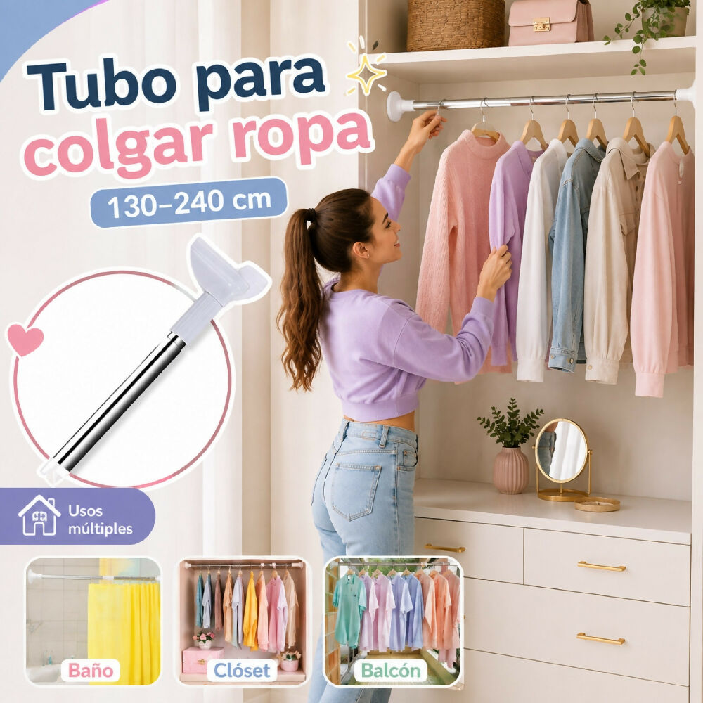 Tubo Para Colgar Ropa Ajustable Extensible 130-240 Cm De Presion Tendedor