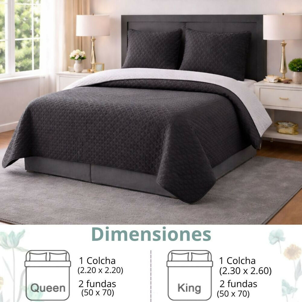 Colcha queen doble faz negra gris