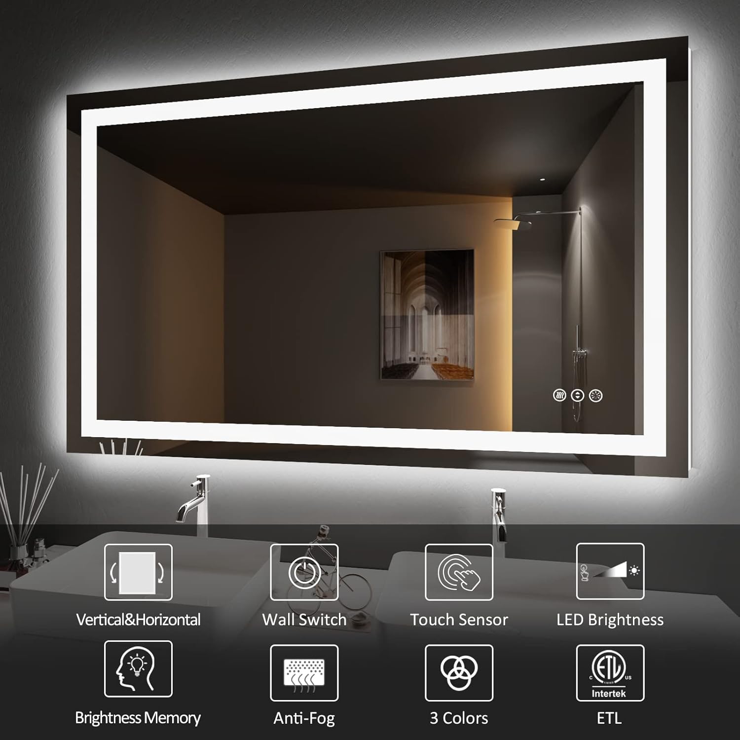 Amorho Espejo de baño LED de 48 x 30 pulgadas con luz frontal y retroiluminada,...