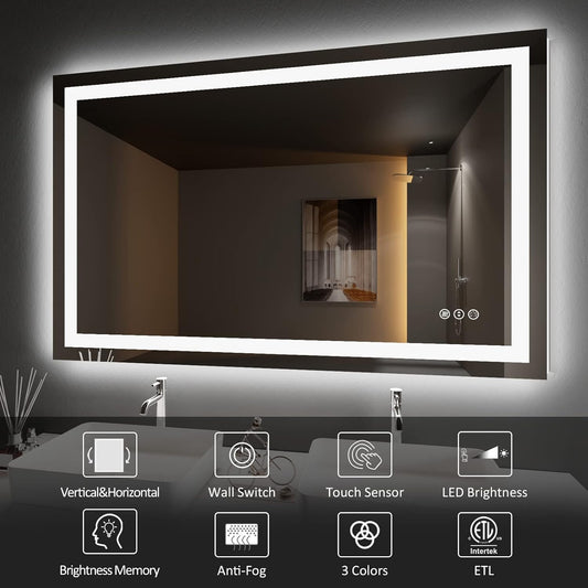Amorho Espejo de baño LED de 48 x 30 pulgadas con luz frontal y retroiluminada,...
