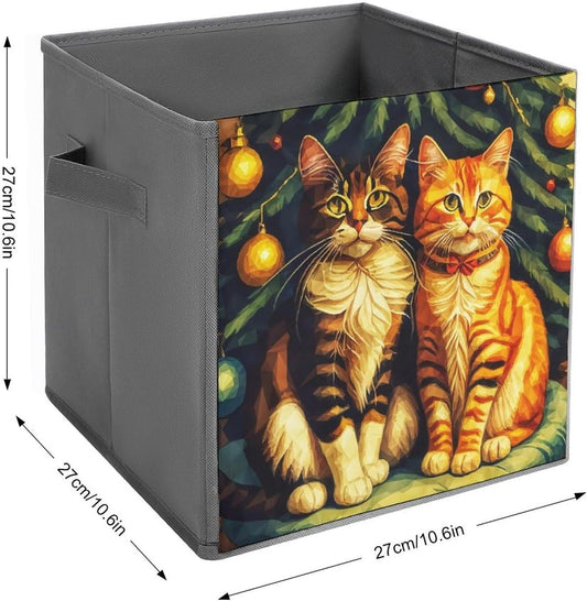 Vintage Christmas Tree Cats Storage Cubes, 11 Inch Fabric Bins with Double