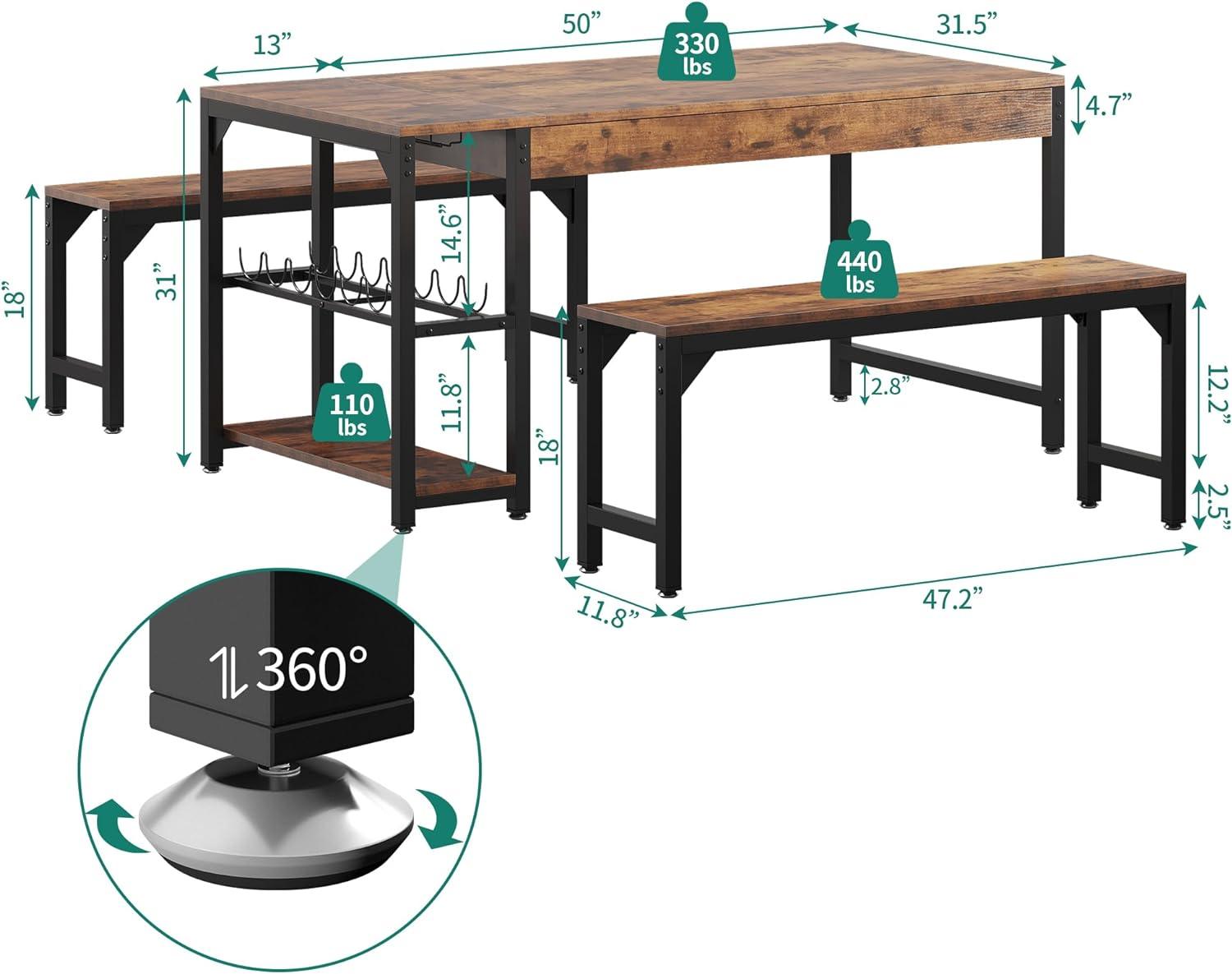 YITAHOME Juego de mesa de comedor de cocina de 3 piezas de 63 pulgadas para 4