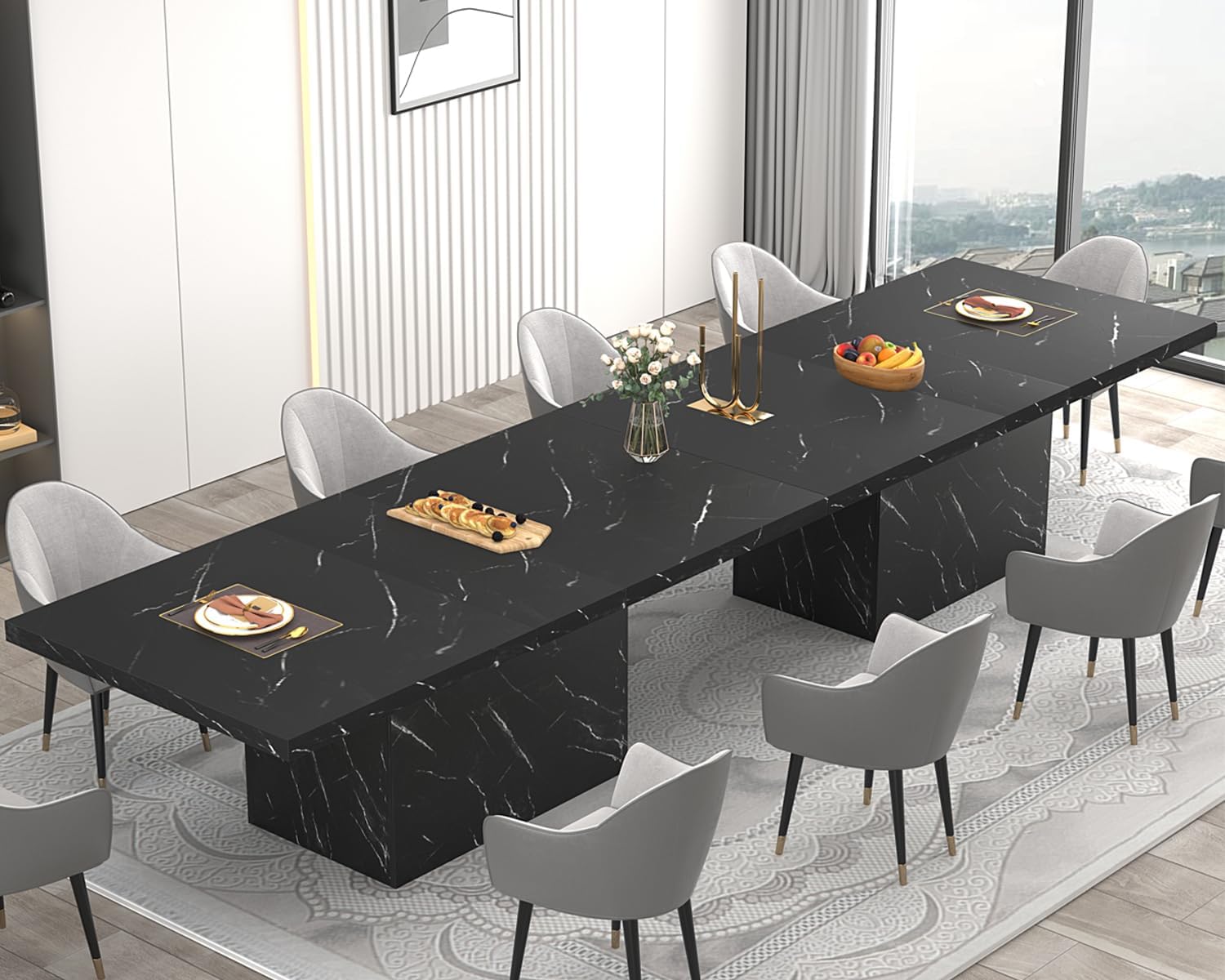 Mesa de comedor moderna negra, mesa de comedor de mármol sintético de granja,