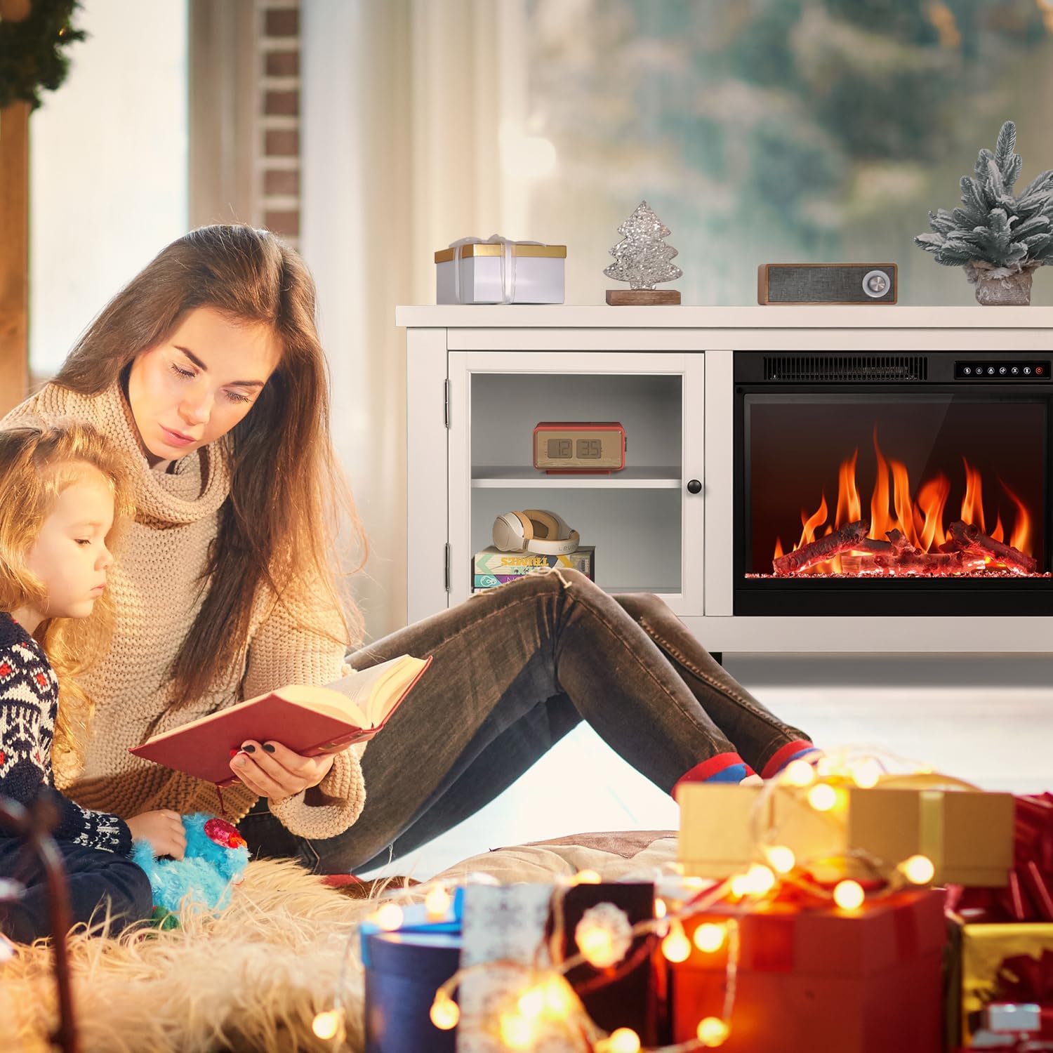 R.W.FLAME Soporte de TV con chimenea para TV de 50 pulgadas, moderno centro de...