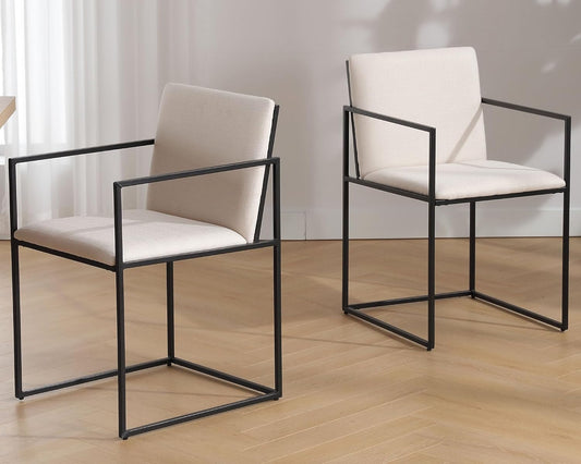 Sillas de comedor de lino con patas de metal negro, sillas de comedor modernas