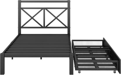 Cama de plataforma de metal con cabecera y estribo de diseño cuadrado, marco de