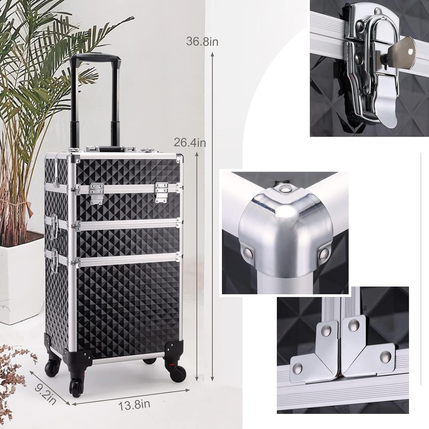 Adazzo 3 en 1 Profesional Rolling Maquillaje Tren Caso de Aluminio con Ruedas...