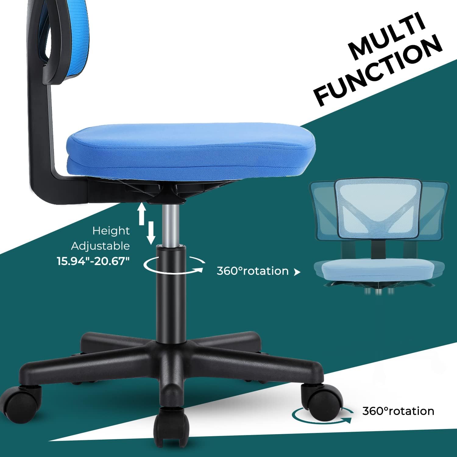 DUMOS Sillas de escritorio sin brazos con ruedas, bonita silla de oficina en...