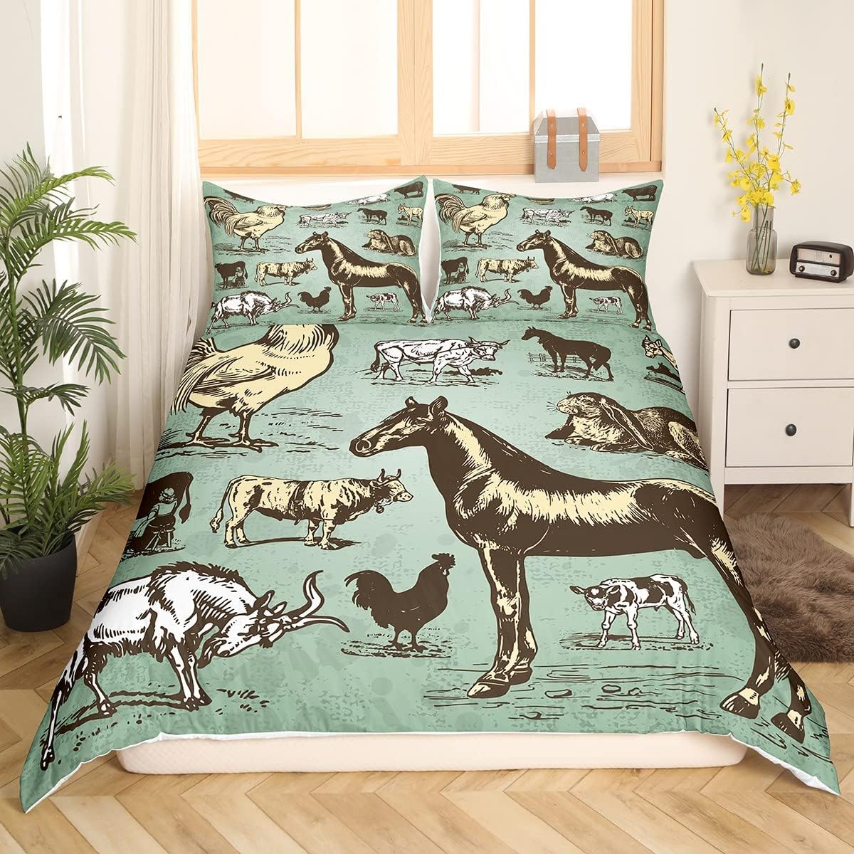 Funda de edredón de animales de granja, vintage, funda de edredón de granja,...