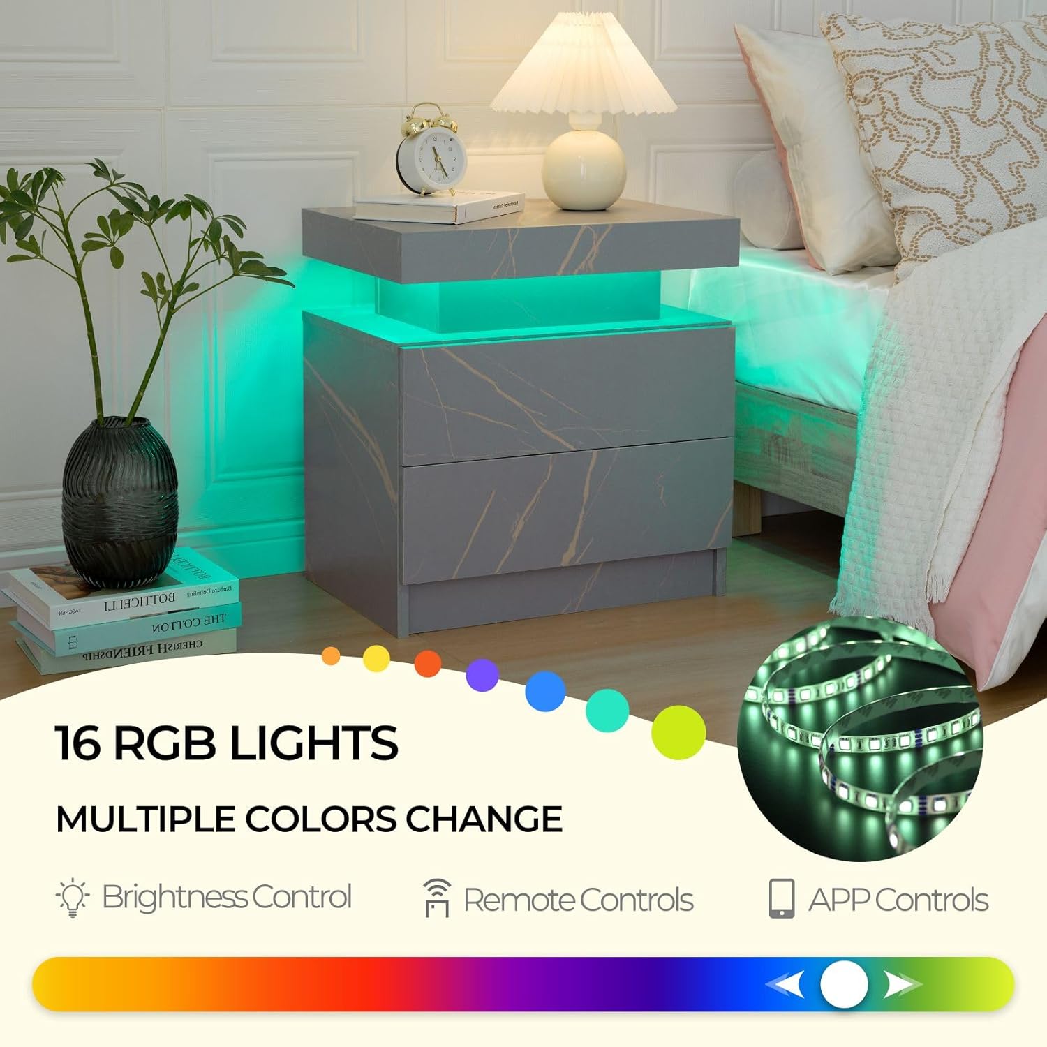 Mesita de noche LED con 2 cajones, mueble de madera con luces LED para...