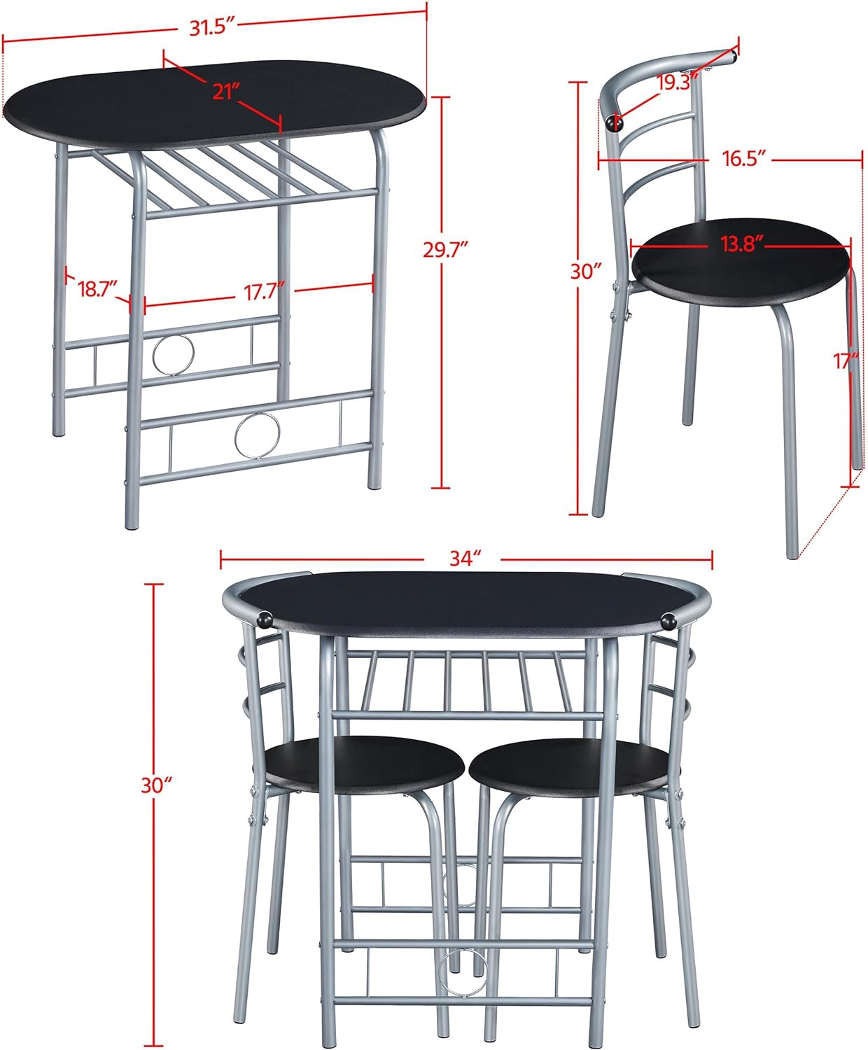 Juego de mesa de comedor de 3 piezas, juegos de mesa de cocina y sillas para 2,