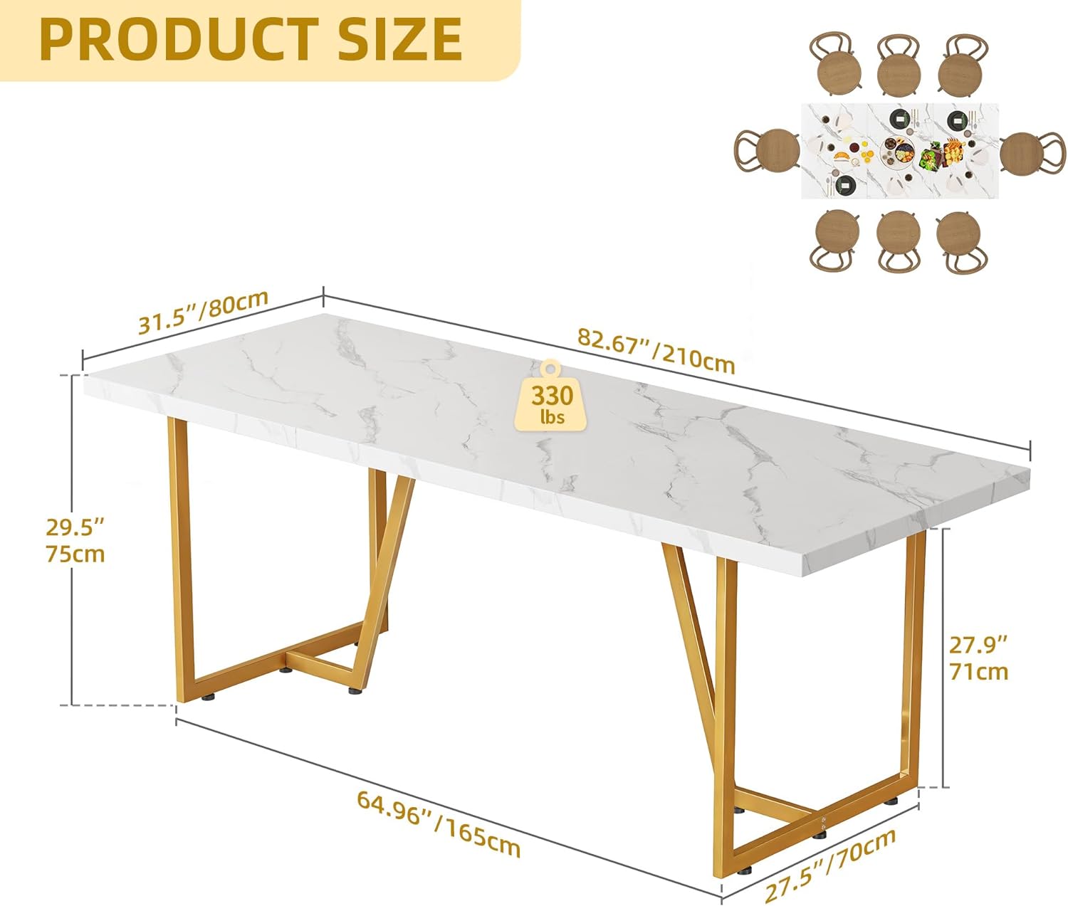 DWVO Mesa de comedor grande y moderna de 82.6 pulgadas para 8-10 personas, mesa