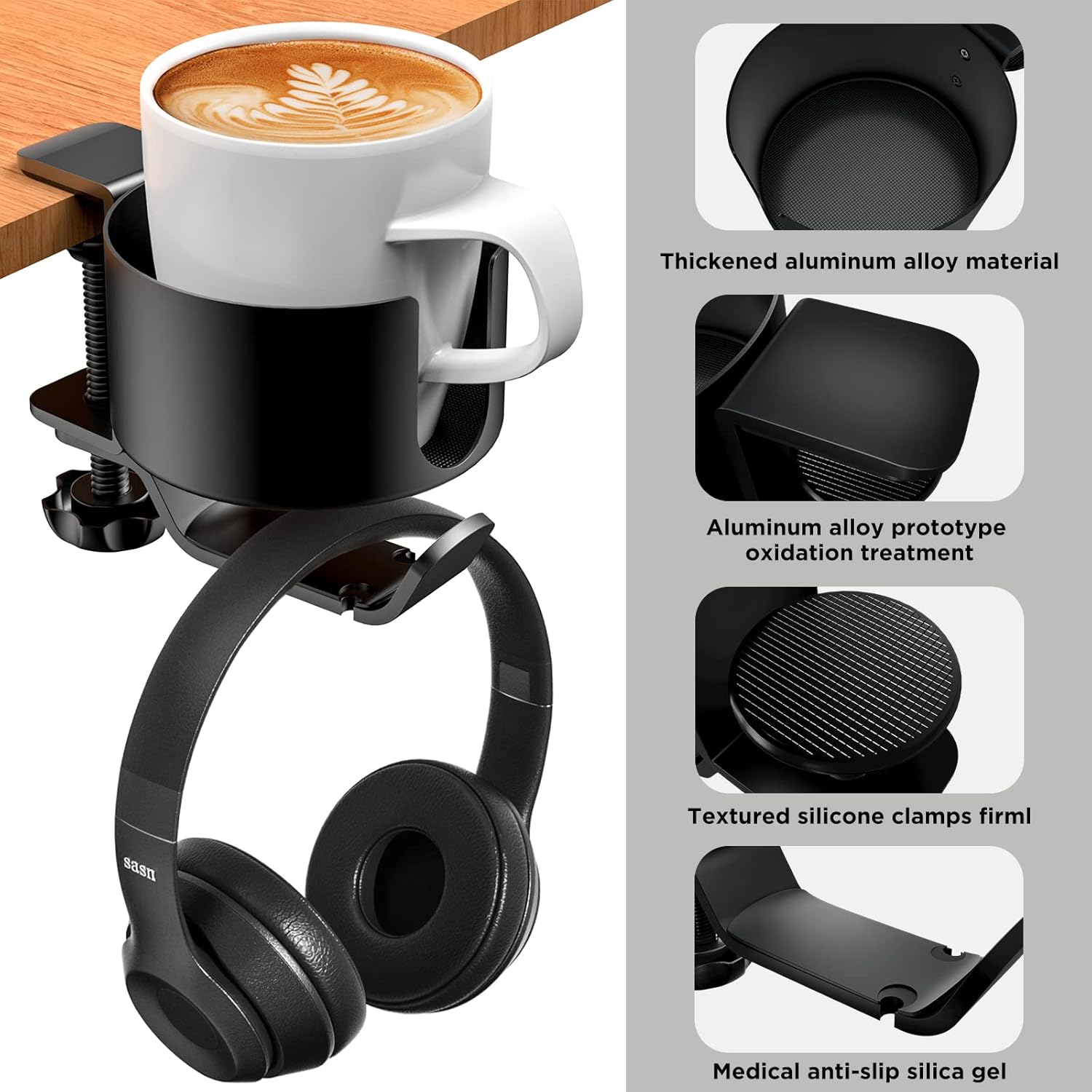 OOKUU - Portavasos de escritorio 2 en 1 con gancho para auriculares, soporte...