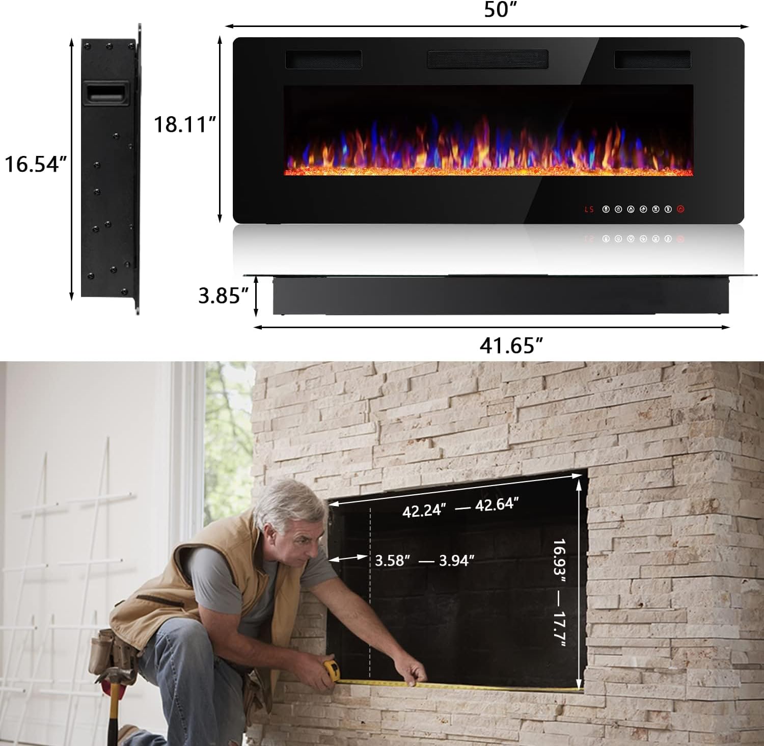 Vitesse Chimenea eléctrica ultrafina de 50 pulgadas en la pared empotrada y...