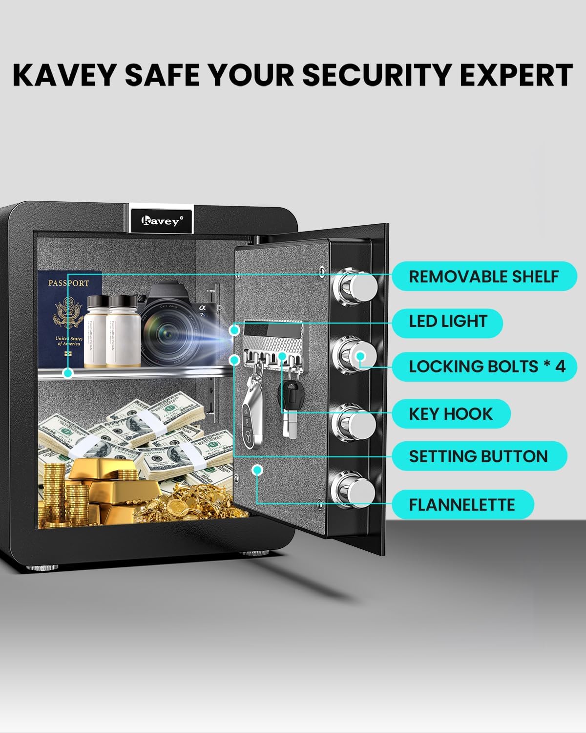 Kavey Caja fuerte de 1.8 cub  Caja fuerte para el hogar con pantalla táctil...