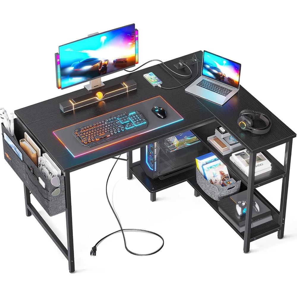 Escritorio Gamer En L, ODK, Con Tomas De Corriente, Estantes De almacenamiento Reversibles Y Soporte De PC