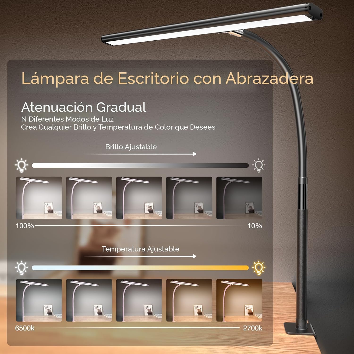 Lámpara De Escritorio LED Para Oficina En Casa, Luz Con Atenuación Continua, Cuello Flexible Ajustable