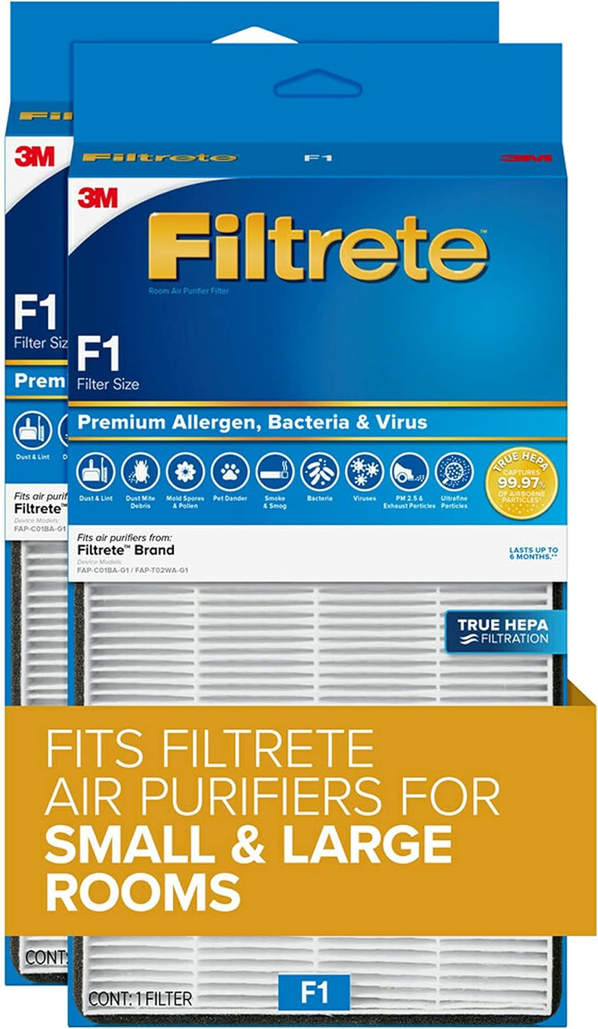 Filtrete Filtro purificador de aire F1, True HEPA Premium Allergen, Bacterias &...