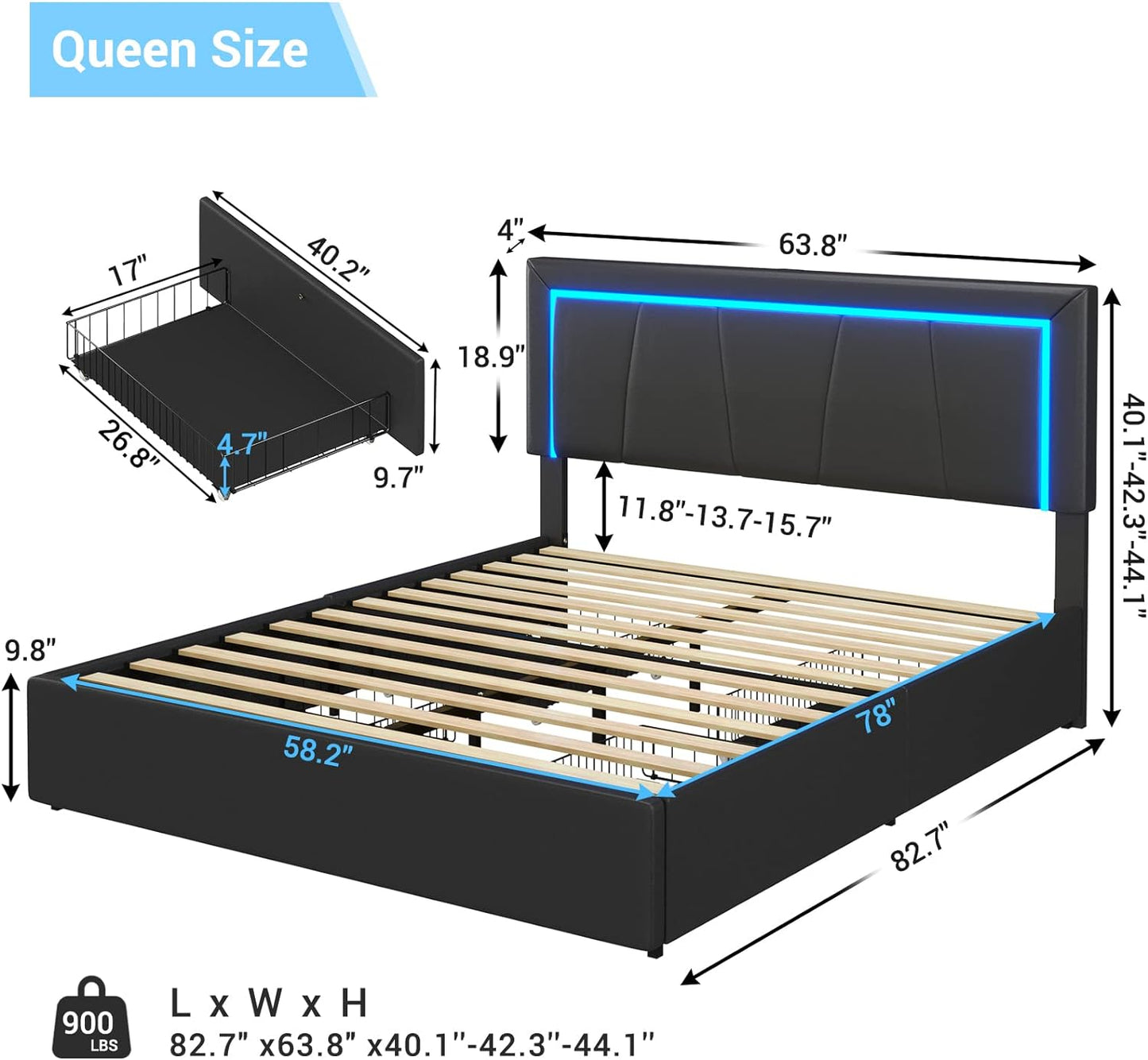 DICTAC Base de cama LED Queen con 4 cajones y puertos USB, moderna plataforma