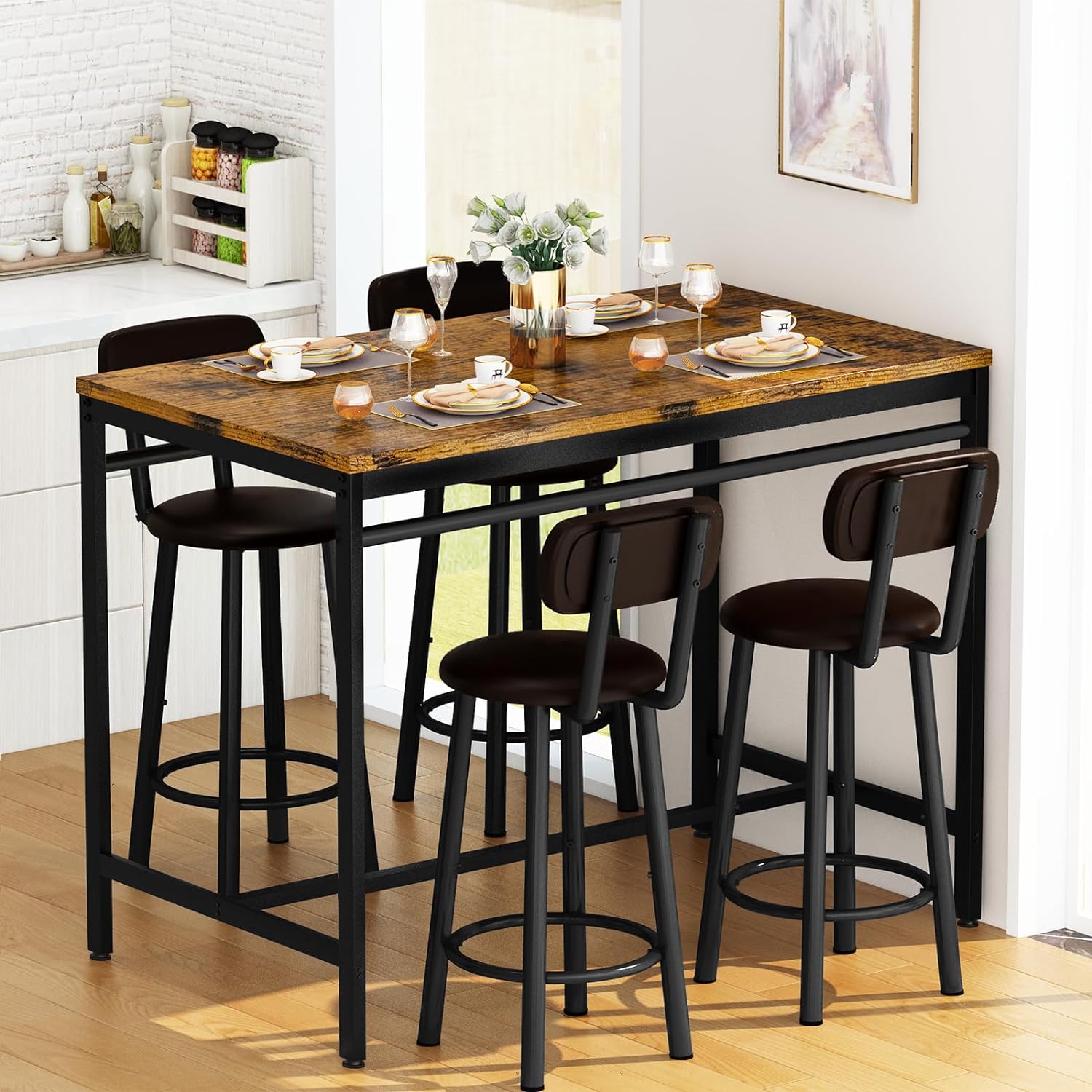 Juego de mesa de comedor para 4 bares, mesa de cocina y sillas para 4, mesa de