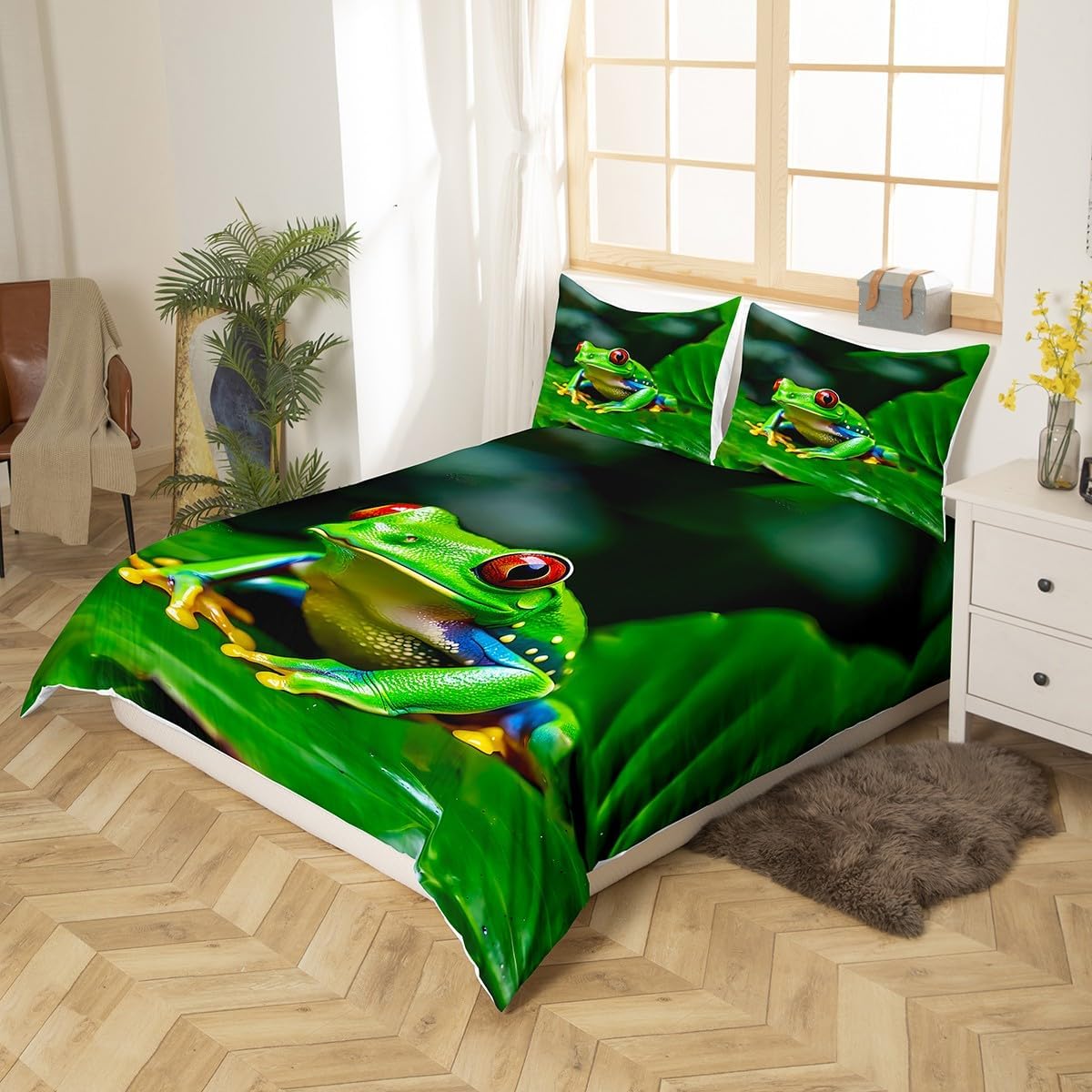 Juego de ropa de cama de rana tropical anfibio con rana de árbol para niños y...