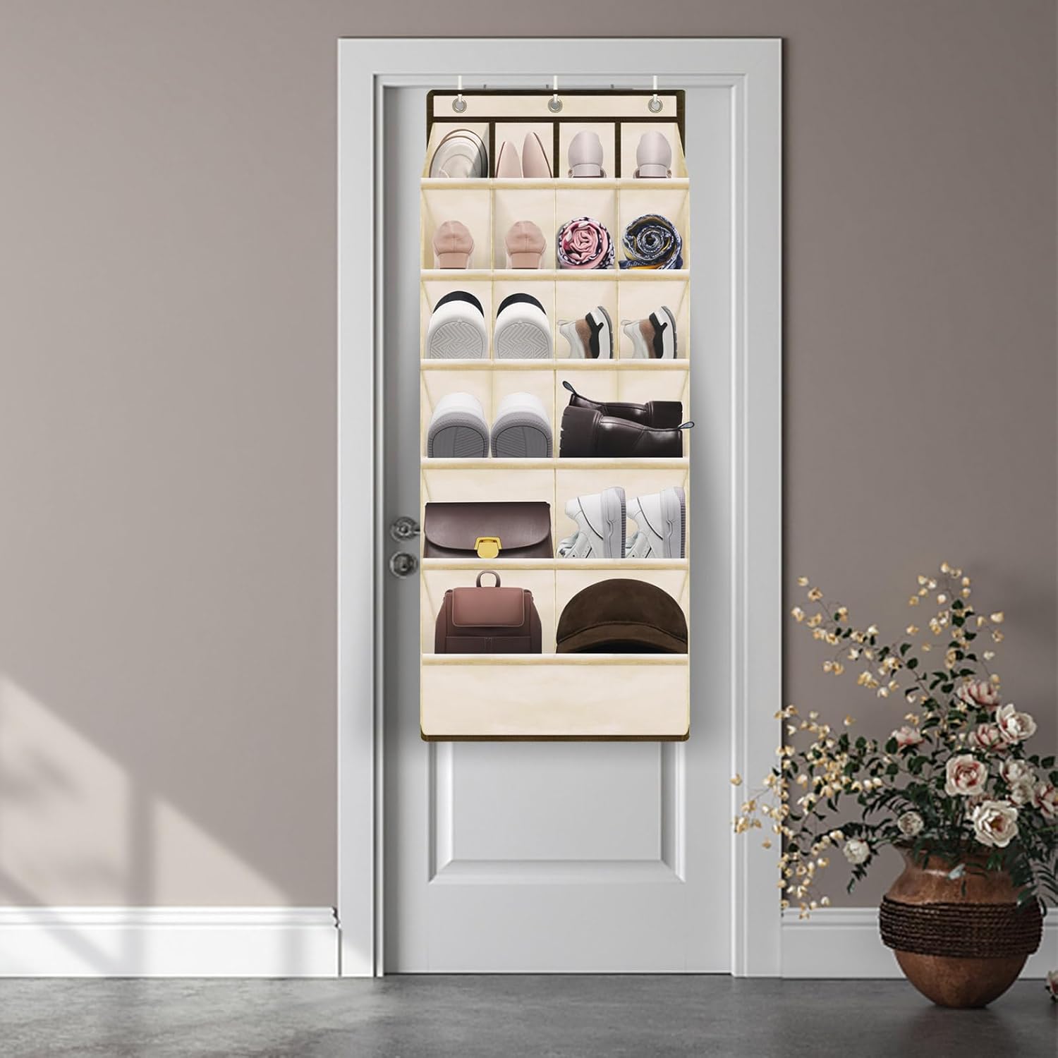 Organizador de zapatos para colocar sobre la puerta con bolsillo grande,