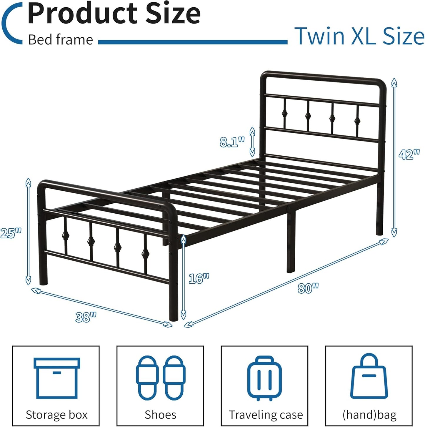 Base de cama individual XL de 16 pulgadas con cabecero y estribo, plataforma de...