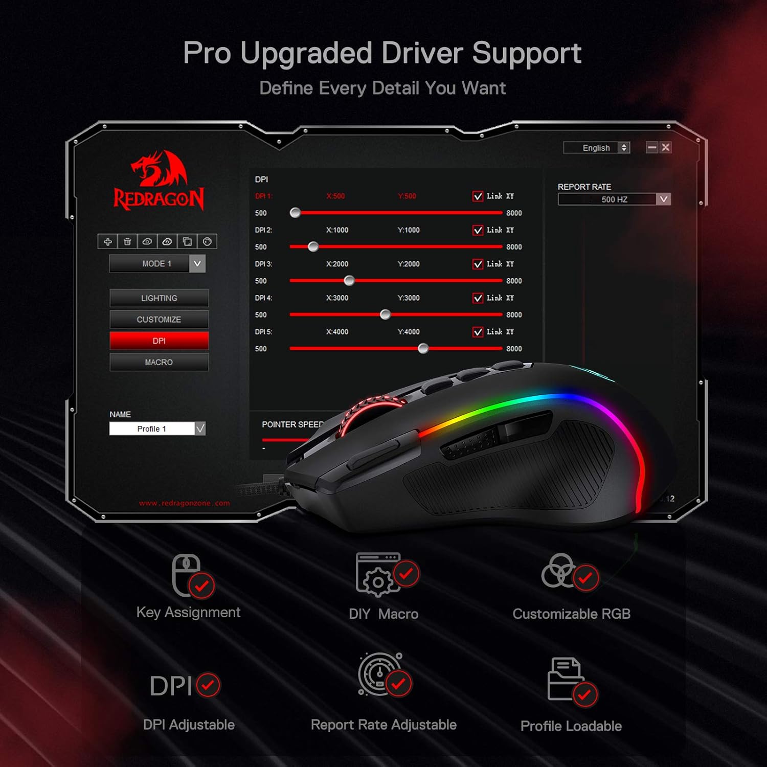 Redragon M612 Predator RGB Mouse para juegos, 8000 DPI con cable óptico con 11...