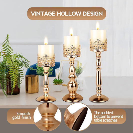 Portavelas para velas de pilar, juego de 3 candelabros altos dorados, vintage,...