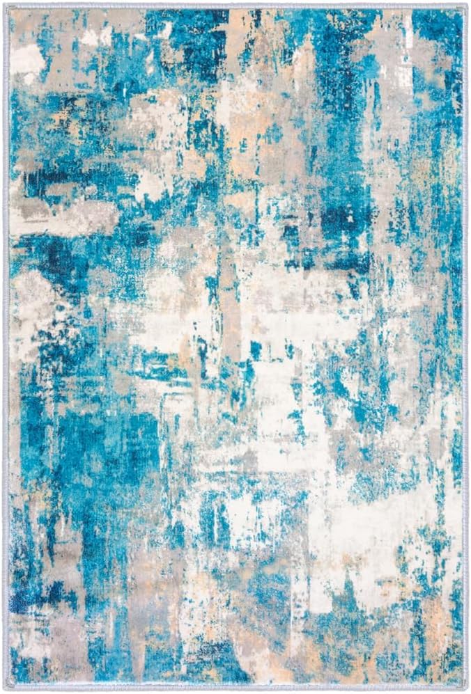 KOZYFLY Alfombra moderna abstracta de 2 x 8 pies, color azul, pelo bajo,...