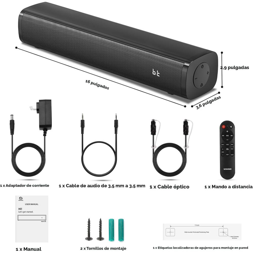 Barra de sonido Bluetooth 5.3 de 16 pulgadas con conexión óptica/AUX/USB