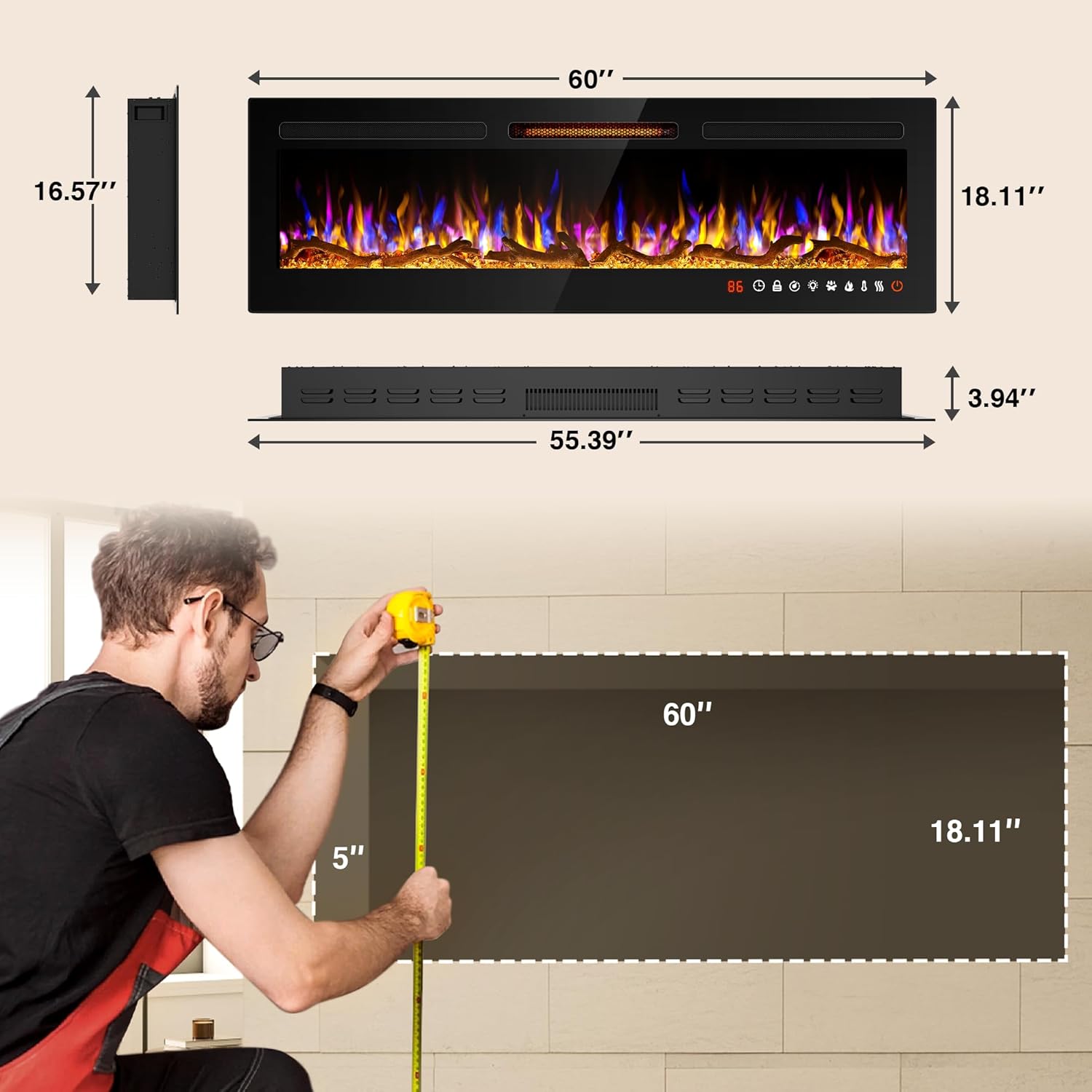Chimenea eléctrica delgada de 60 pulgadas empotrada y montada en la pared,...
