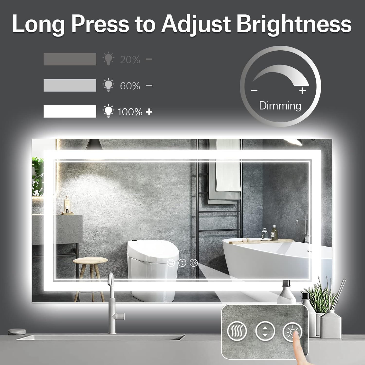 Espejo de baño LED de 55 x 30 pulgadas, retroiluminado y luz delantera,