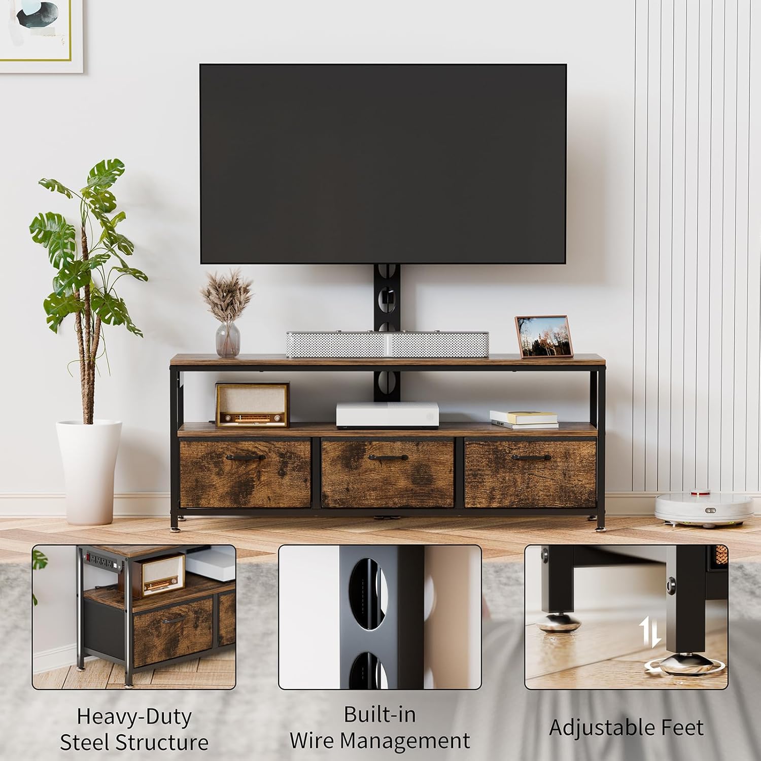 JUSTOGO Soporte de TV con soporte y toma de corriente, soporte de TV con...