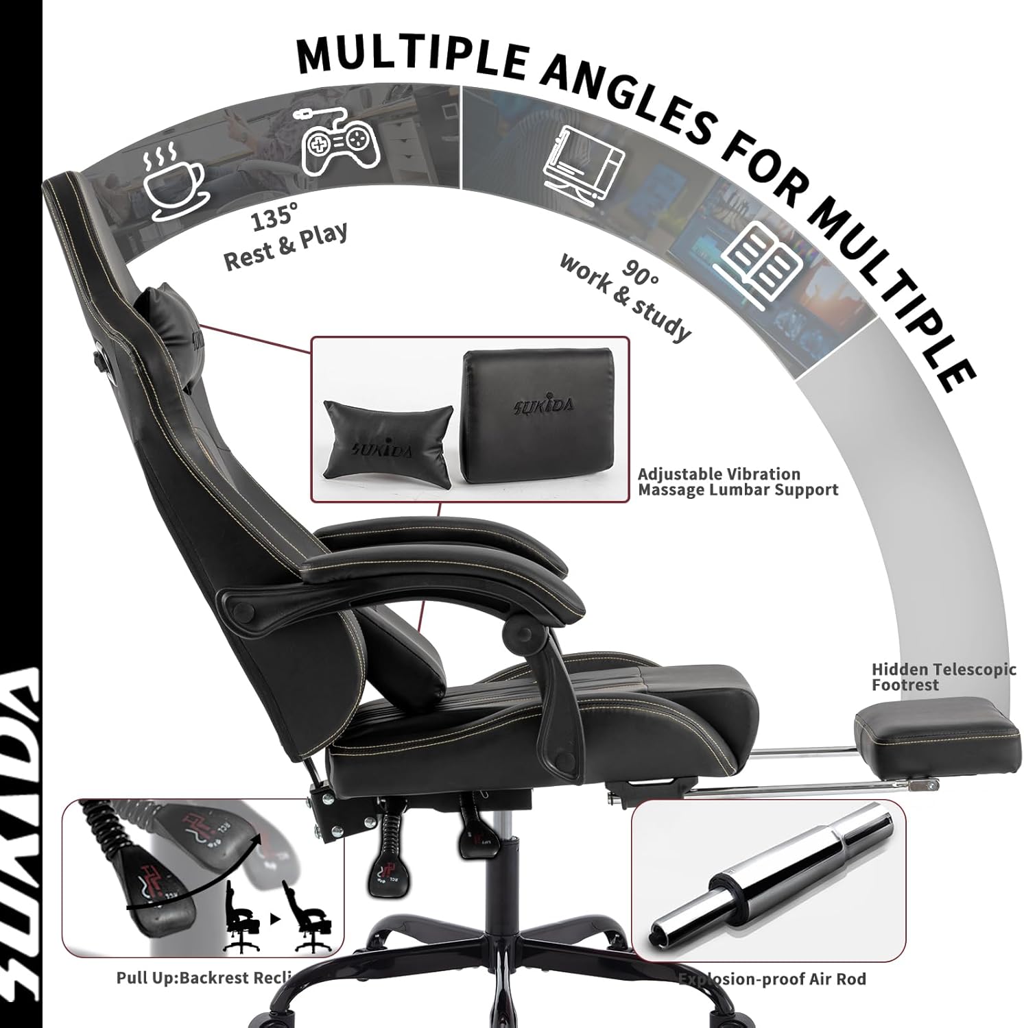 Silla de juegos con reposapiés, silla ergonómica para computadora, cojín lumbar...