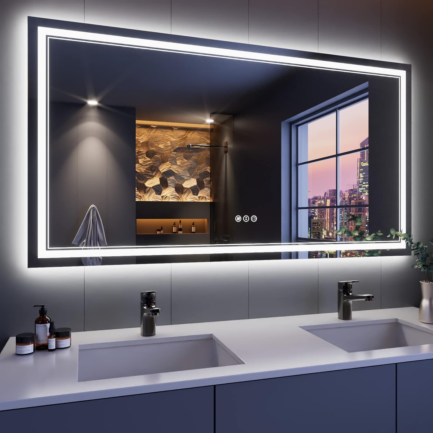 Espejo de baño LED de 55 x 30 pulgadas, retroiluminado y luz delantera,