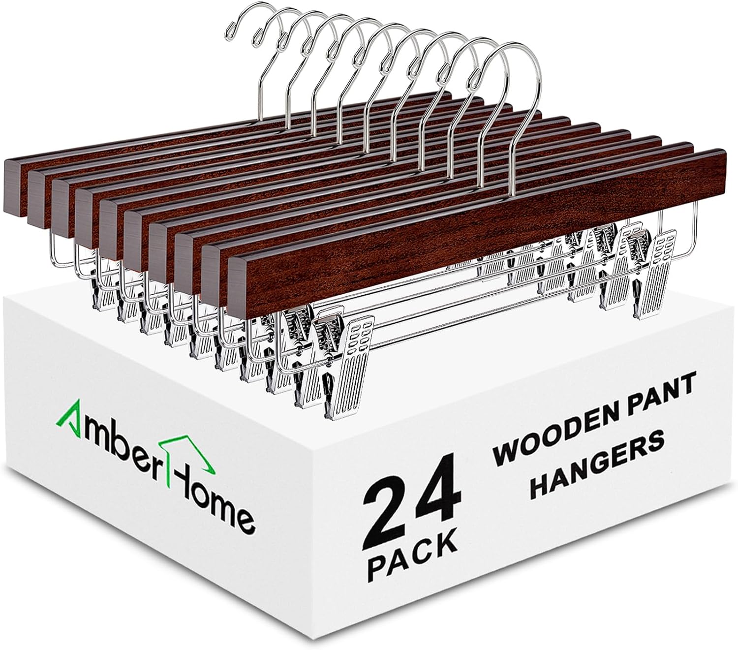Amber Home Paquete de 24 perchas retro de madera para pantalones con clips,...