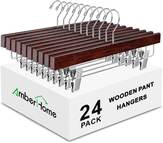Amber Home Paquete de 24 perchas retro de madera para pantalones con clips,...
