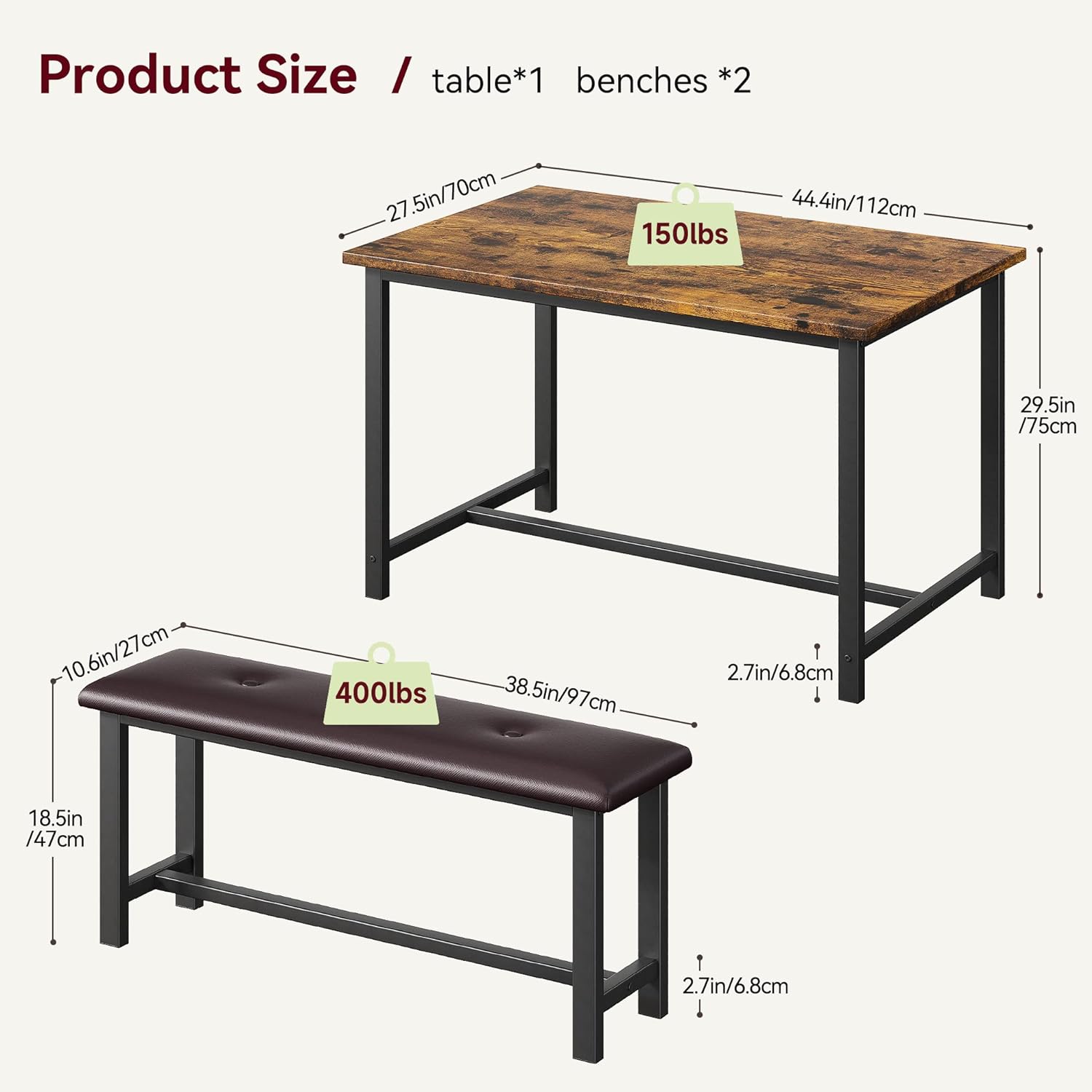 Dining Table Set for 4, Kitchen Table Set with 2 Upholstered Benches, Dining