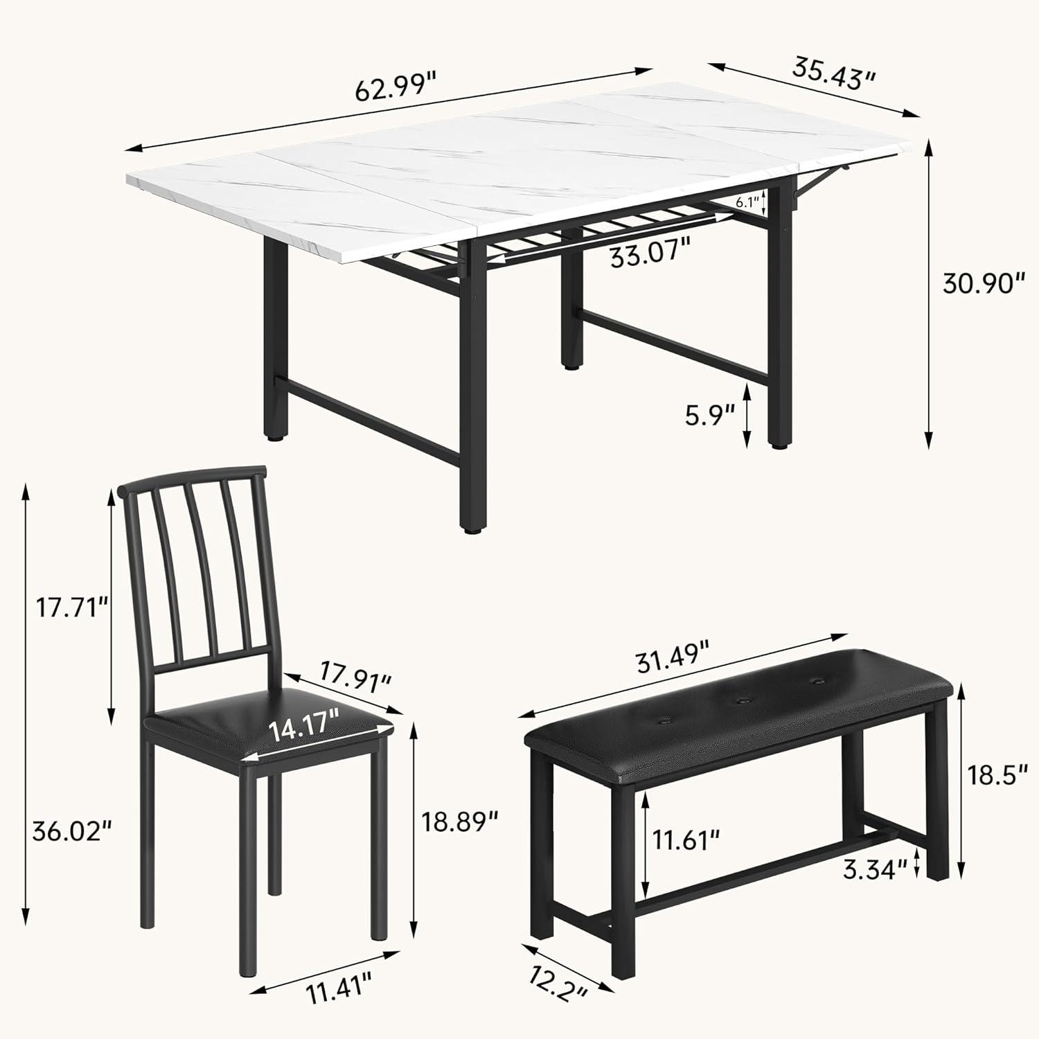 Mesa de comedor de 4 piezas de mármol sintético con estante de almacenamiento,