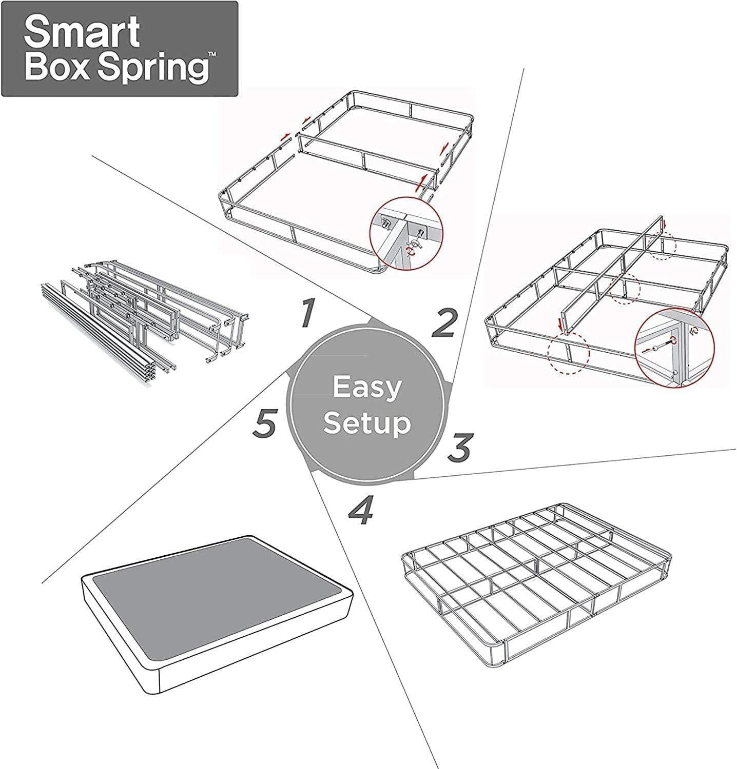 Zinus, Smart Box Spring, Estructura de Baja Altura de 5 pulgadas, Acero, Blanco