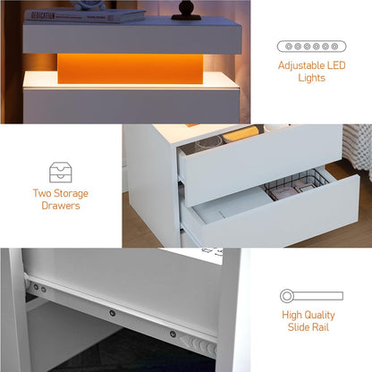 Juego de 2 mesas auxiliares LED, moderna mesita de noche con 3 luces LED y 2